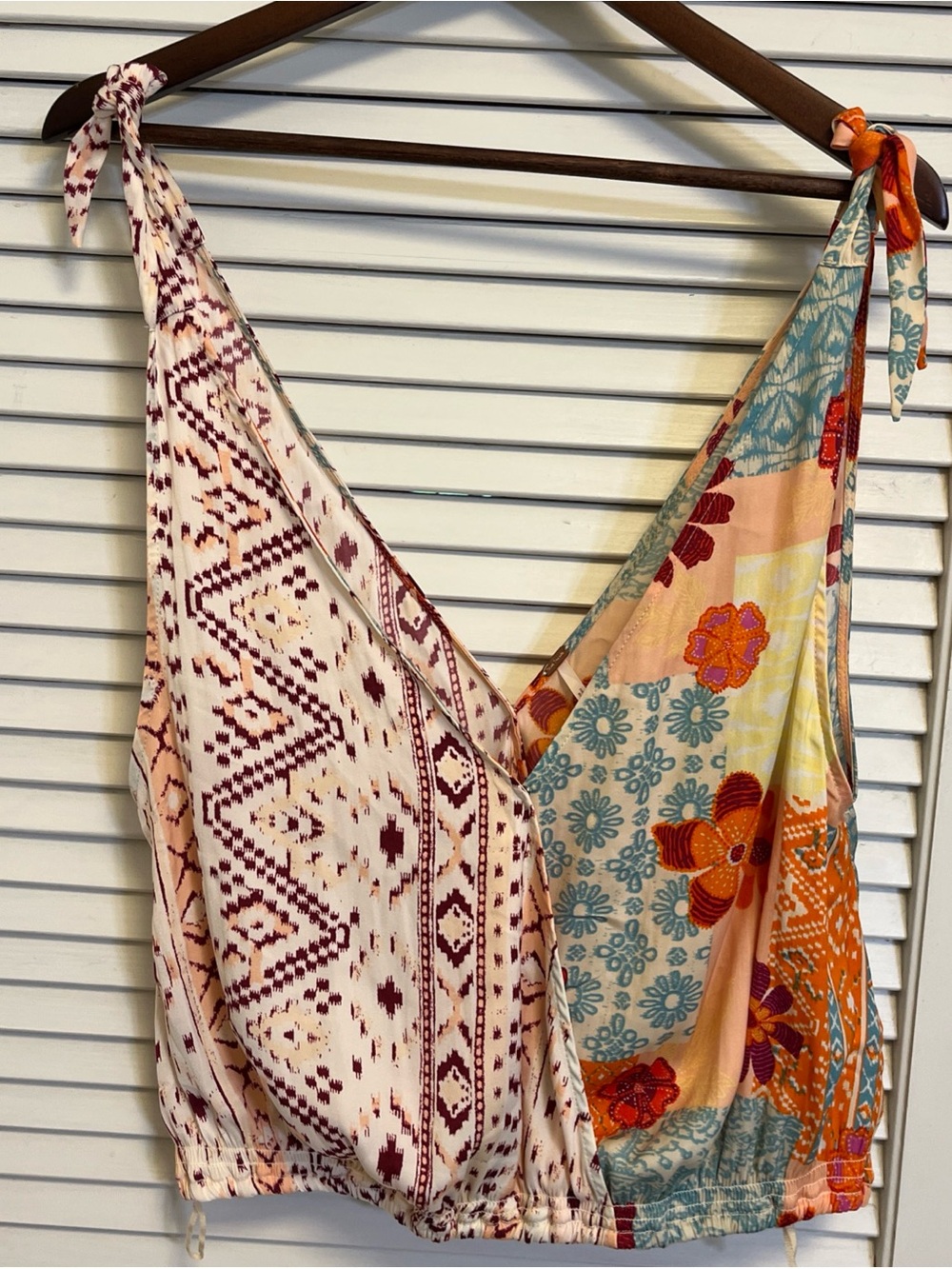 Free People Mixed Print Wrap Crop Top Boho Floral Tie Shoulder XS